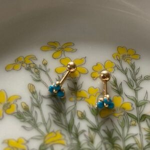 pair 14k turquoise trinity lotus triple bead threaded piercing stud earrings